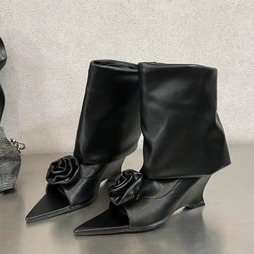 Xajzpa Fashion Street Style Design Flowers Peep Pointed Toe Women Ankle Boots Sandals Wedges High Heels Ladies Shoes